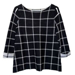 Tahari Wool Sweater Wmns Sz Sm 100% Extra Fine Merino Plaid Cuffed Sleeve Mature